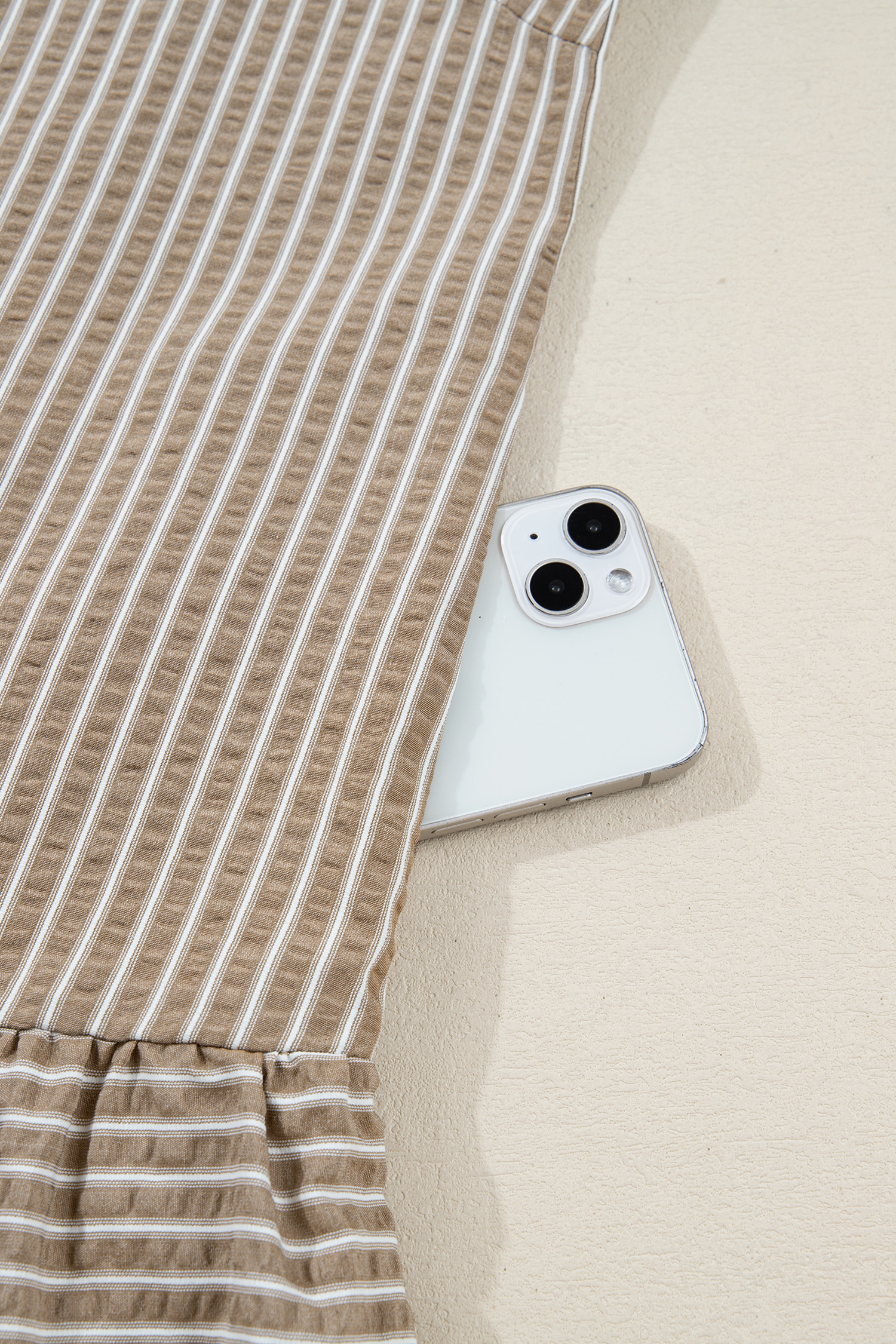 Plus Size Khaki Stripe Zip up Collared Puff Sleeve Ruffled  Mini Dress