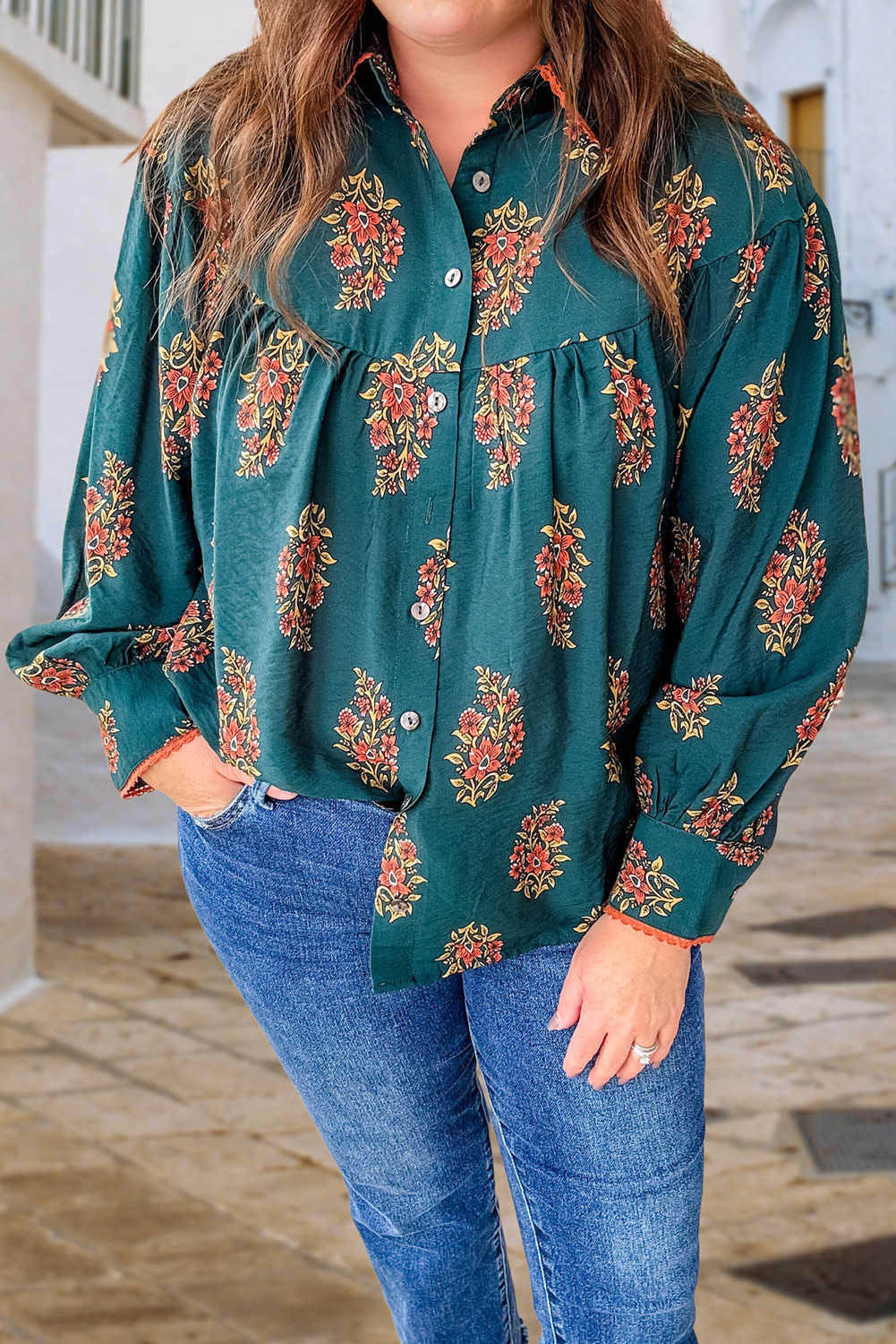 Plus Size Green  Floral Print Contrast Lacy Trim Pleated Loose Shirt