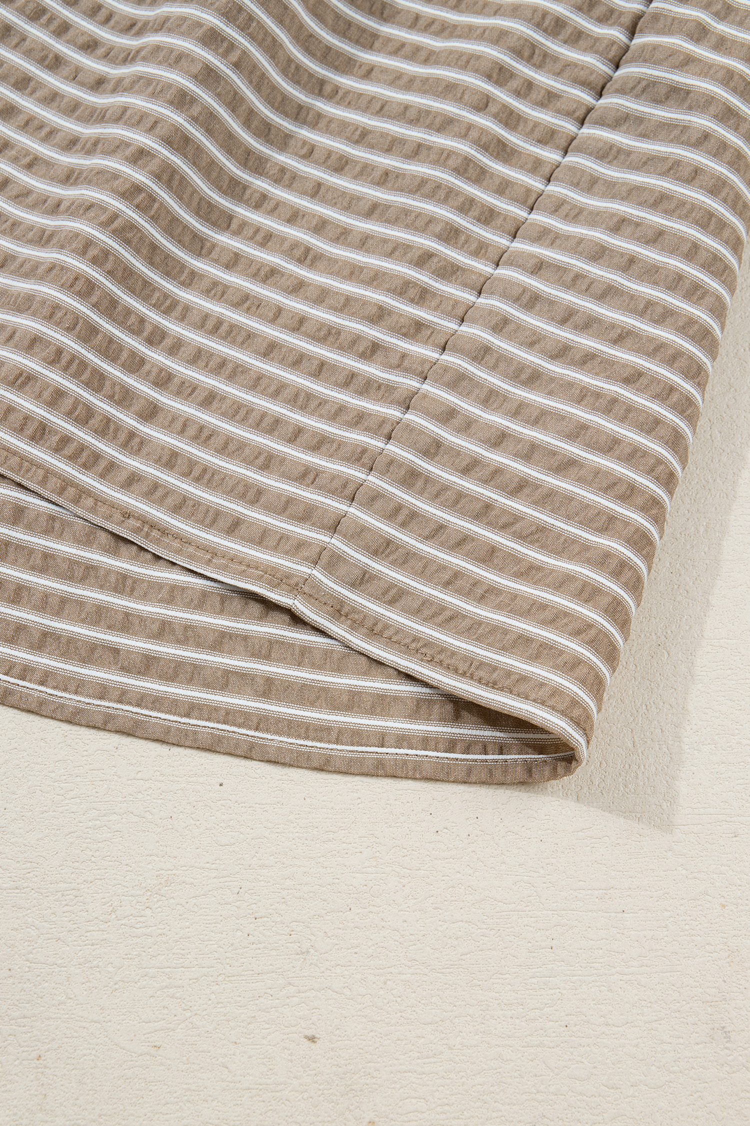 Plus Size Khaki Stripe Zip up Collared Puff Sleeve Ruffled  Mini Dress