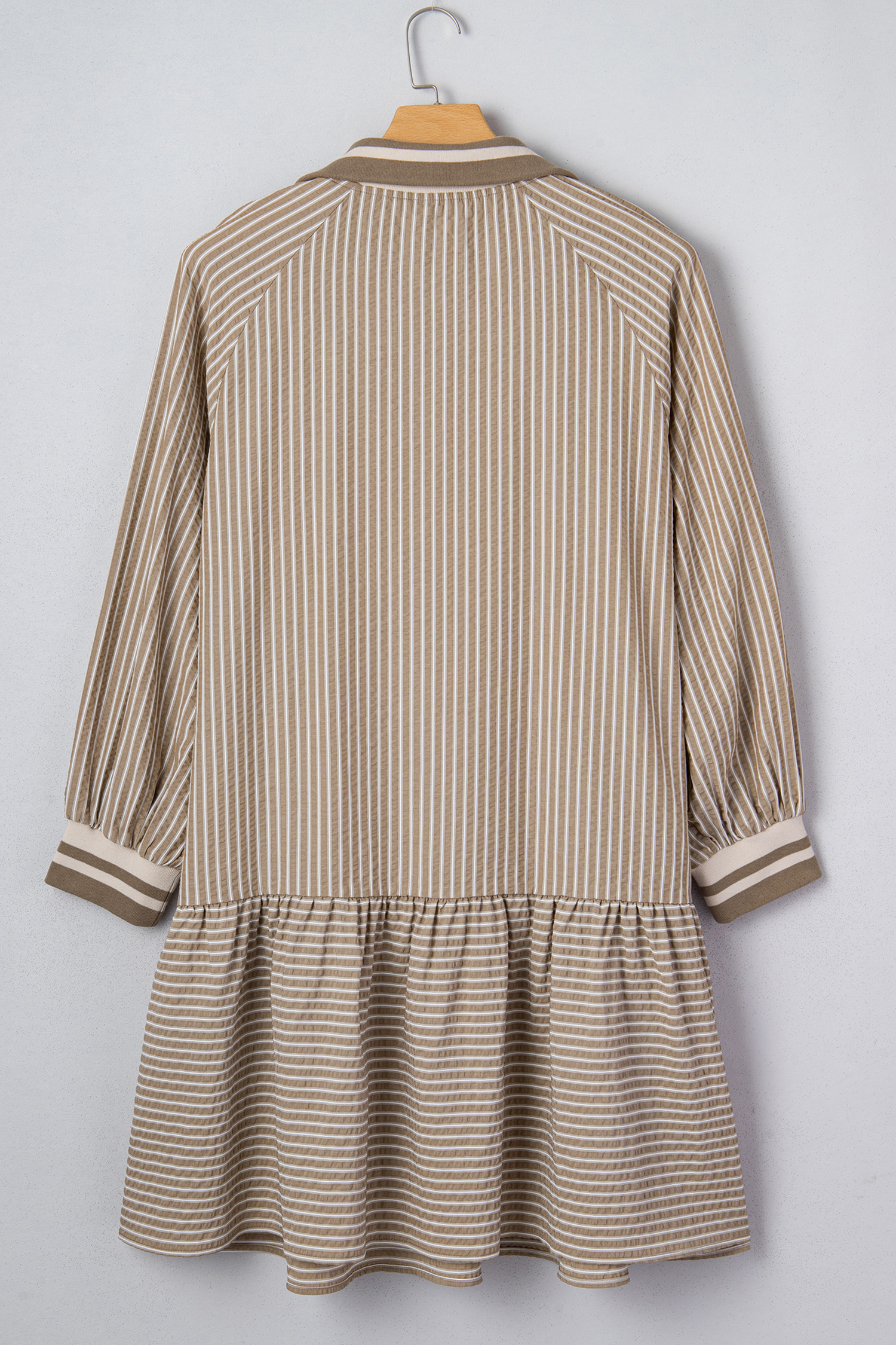 Plus Size Khaki Stripe Zip up Collared Puff Sleeve Ruffled  Mini Dress