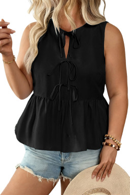 Plus Size Black  Solid Color Bow Tie Peplum Tank Top