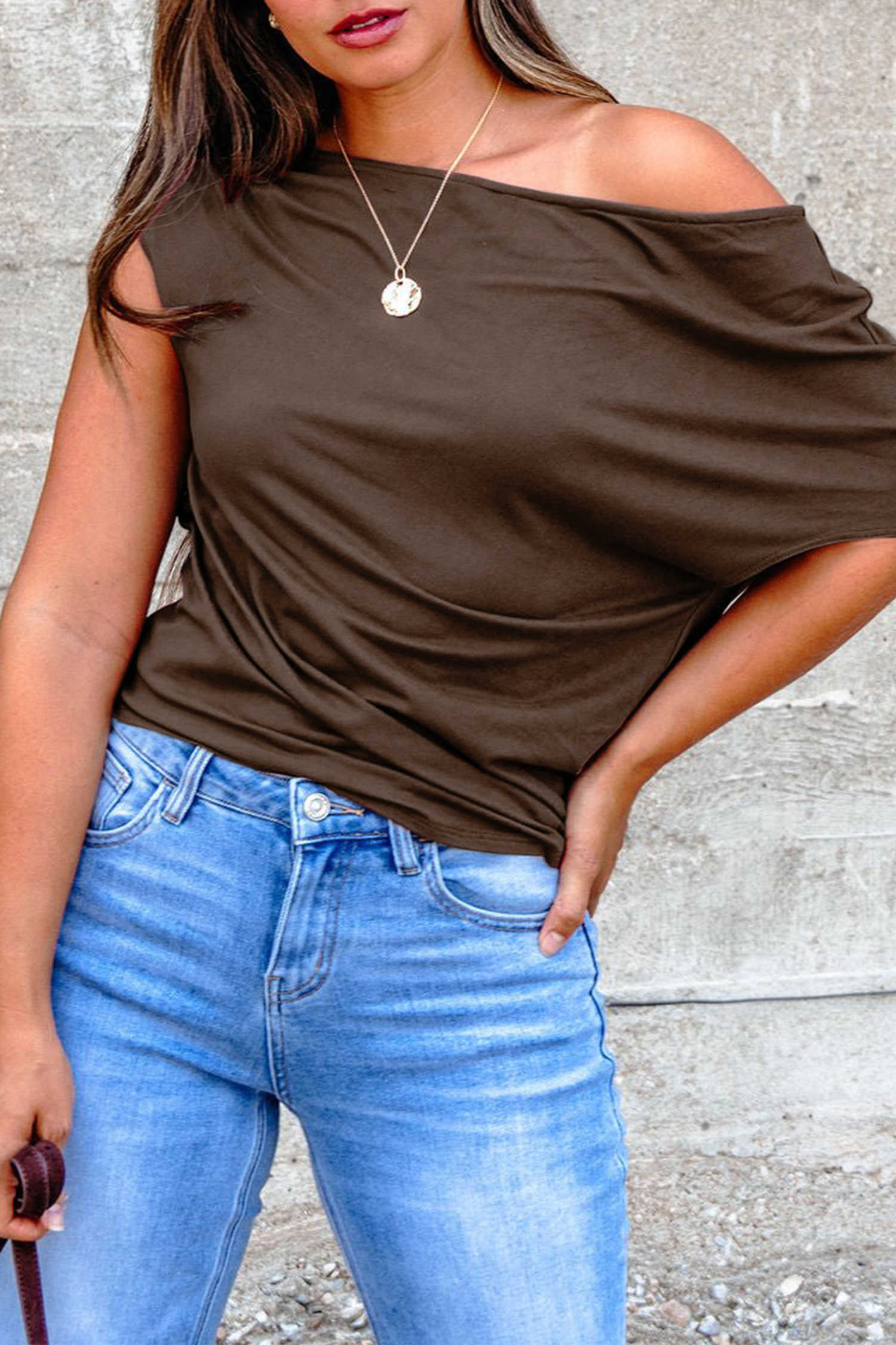 Plus Size Coffee  Solid Color Asymmetric Neck Short Sleeve Blouse