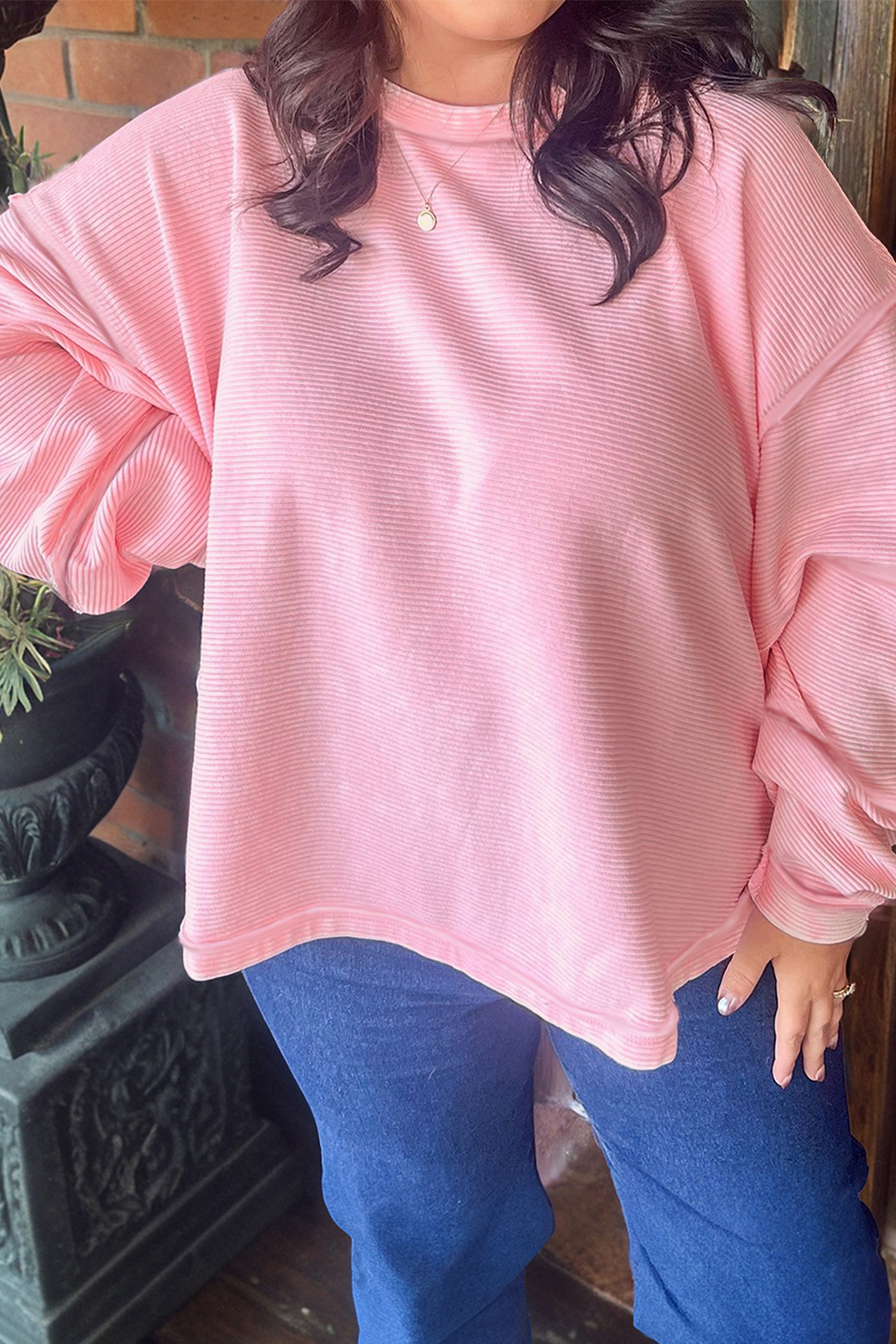 Plus Size Pink Drop Shoulder Long Sleeve  Ribbed Top