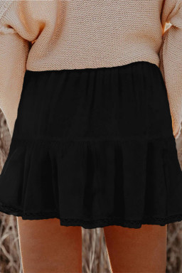 Plus Size Black  Frilled Elastic Waist Lace Trim Boho Ruffled Shorts