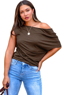 Plus Size Coffee  Solid Color Asymmetric Neck Short Sleeve Blouse