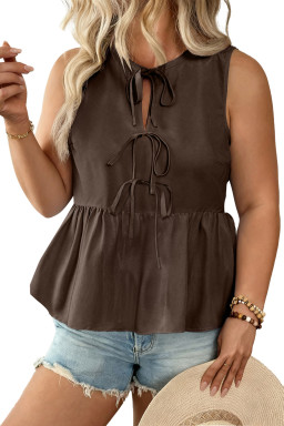 Plus Size Coffee  Solid Color Bow Tie Peplum Tank Top