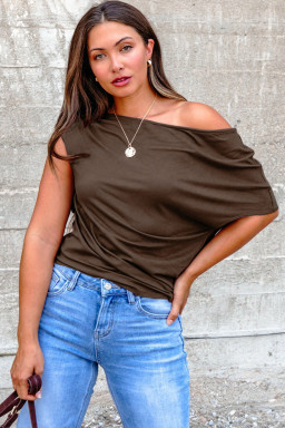 Plus Size Coffee  Solid Color Asymmetric Neck Short Sleeve Blouse