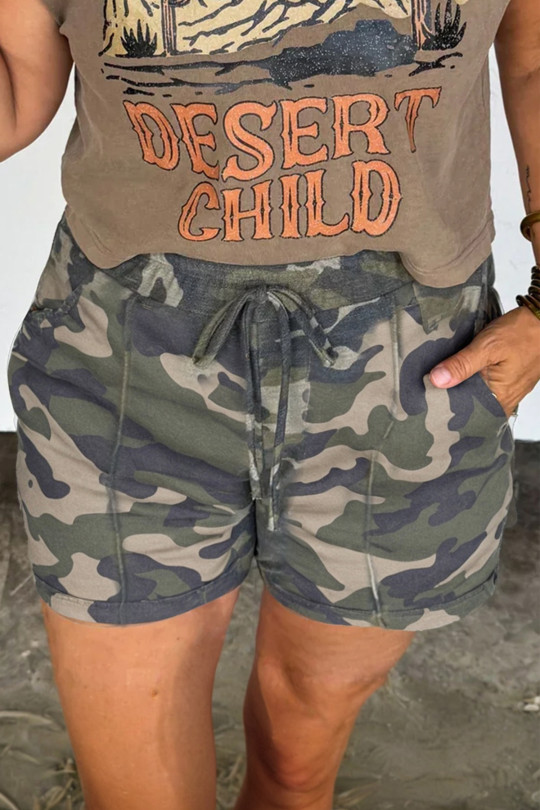 Plus Size Green Tie Elastic Waist Pocketed  Camo Shorts