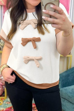 Plus Size Apricot Bowknot Applique  Ribbed Top