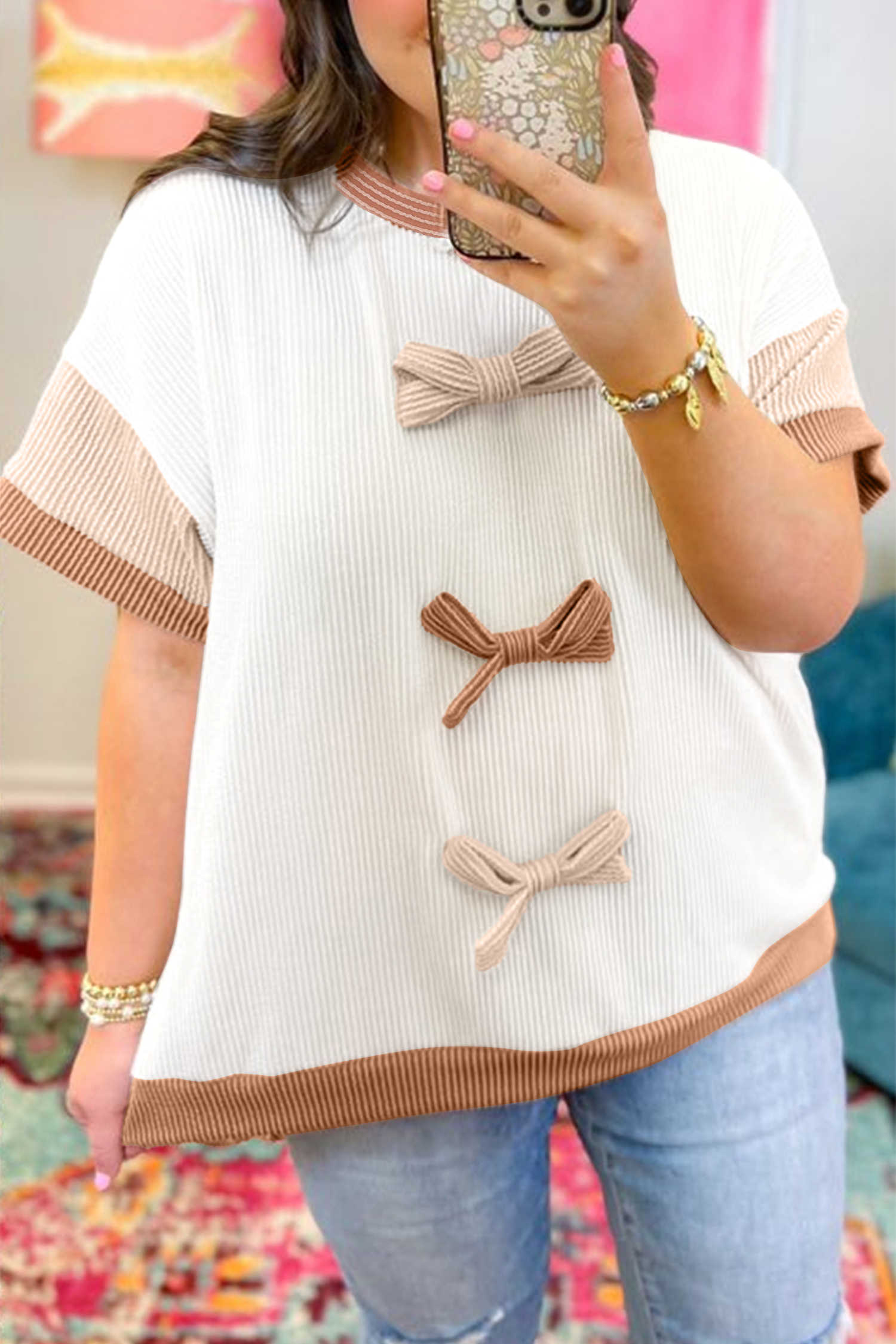Plus Size Apricot Bowknot Applique  Ribbed Top