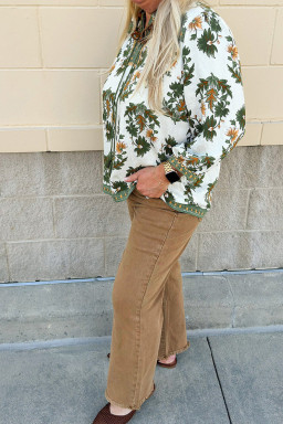 Plus Size Green  Floral Printed Contrast Patchwork Detail Tassel Tie 3/4 Sleeve Blouse