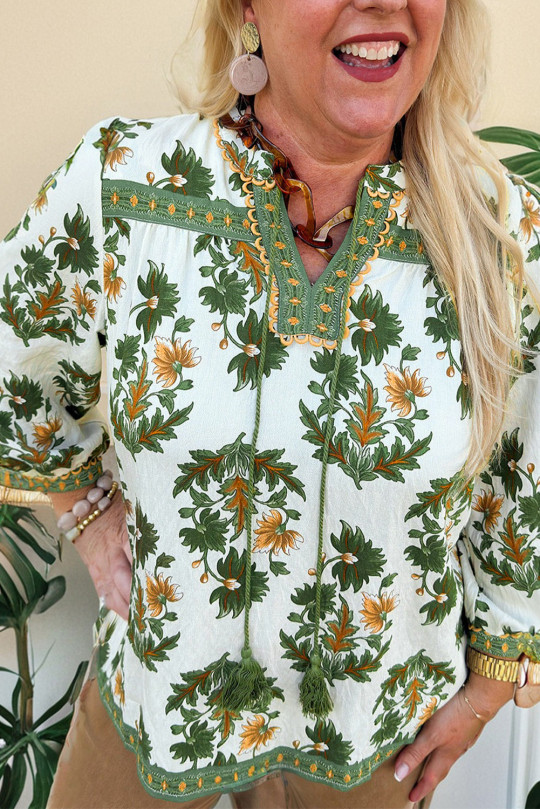 Plus Size Green  Floral Printed Contrast Patchwork Detail Tassel Tie 3/4 Sleeve Blouse