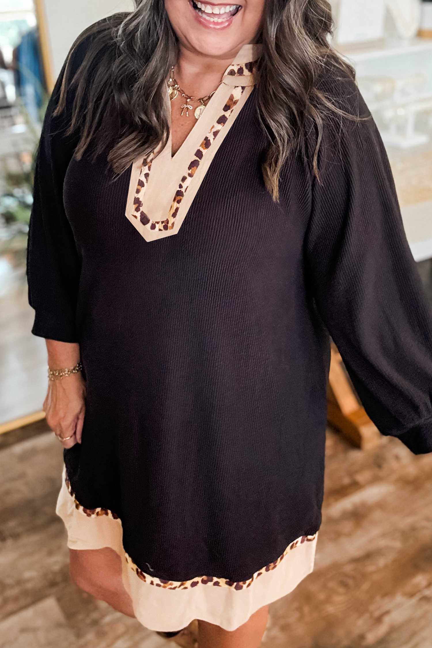 Plus Size Black Contrast Color Block Leopard Trim  Ribbed Dress