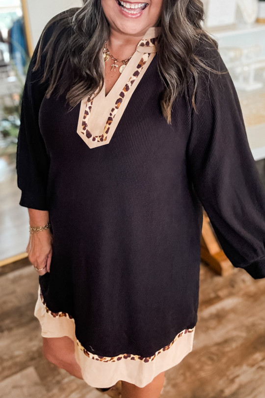 Plus Size Black Contrast Color Block Leopard Trim  Ribbed Dress