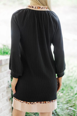 Plus Size Black Contrast Color Block Leopard Trim  Ribbed Dress