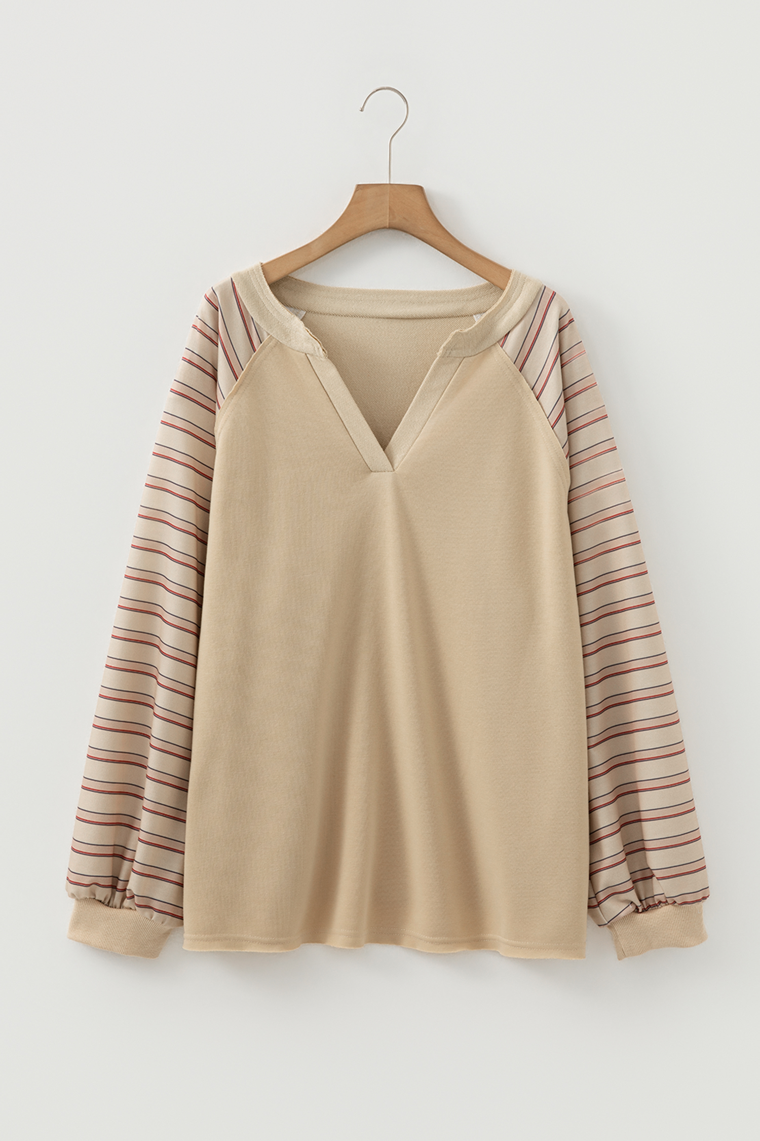 Plus Size Parchment Striped Raglan Sleeve Notched Neck Raw Edge  Jumper