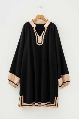 Plus Size Black  Color Block Striped Trim V Neck Long Sleeve Shift Mini Dress