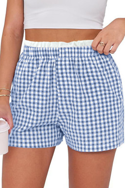 Plus Size Sky Blue Contrast Trim Plaid Print  Shorts