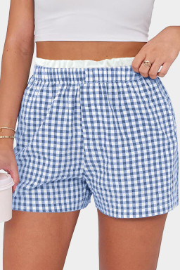 Plus Size Sky Blue Contrast Trim Plaid Print  Shorts