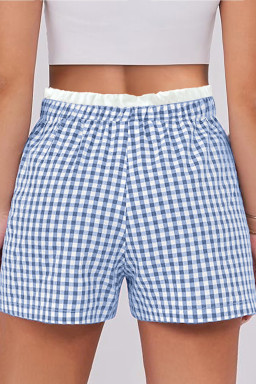 Plus Size Sky Blue Contrast Trim Plaid Print  Shorts