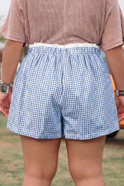 Plus Size Sky Blue Contrast Trim Plaid Print  Shorts