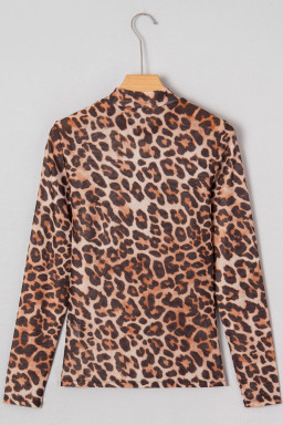 Plus Size Brown  Mock Neck Leopard Mesh Top