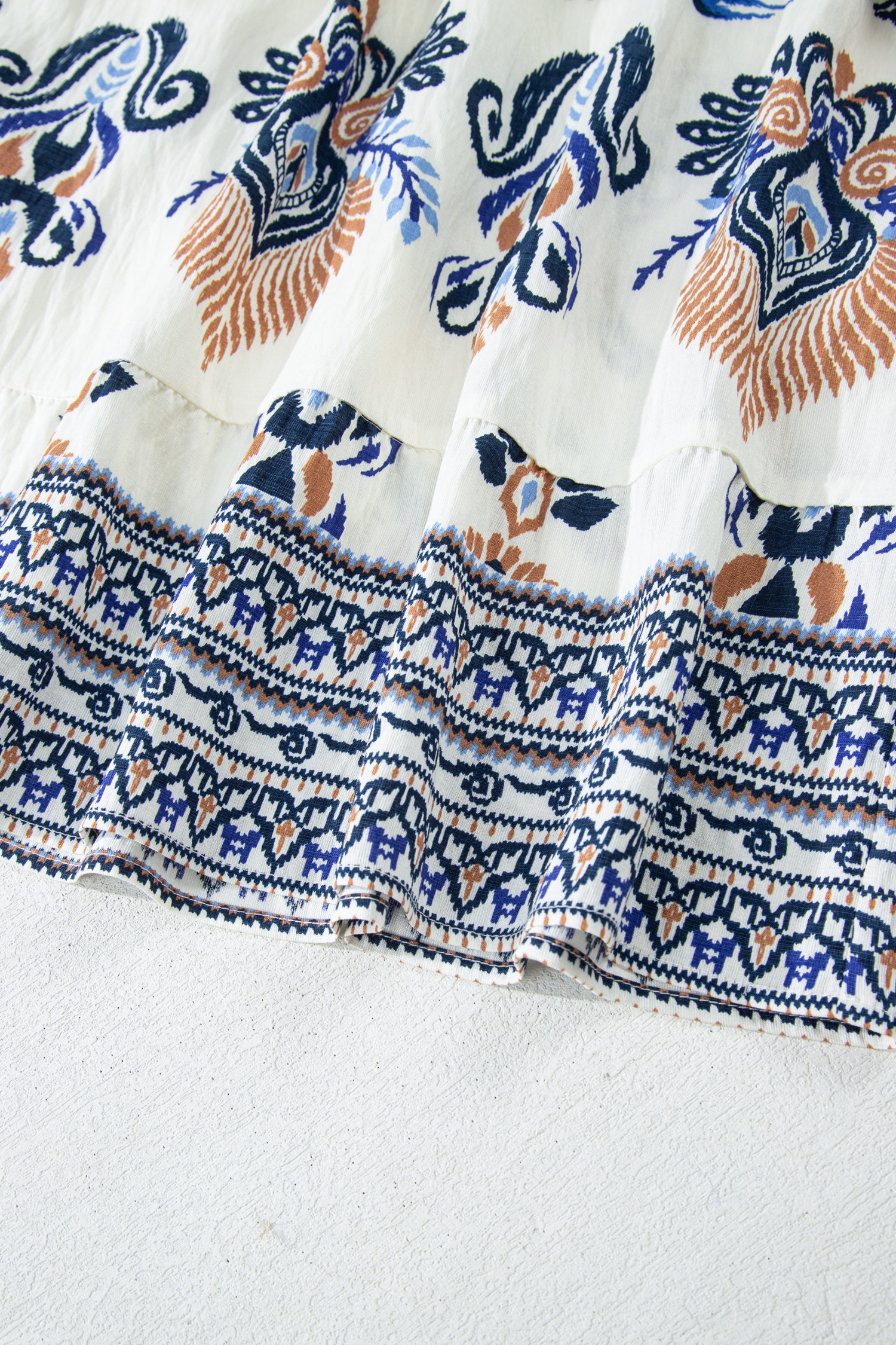 Plus Size Sky Blue  Boho Print Split Neck Long Sleeve Mini Dress