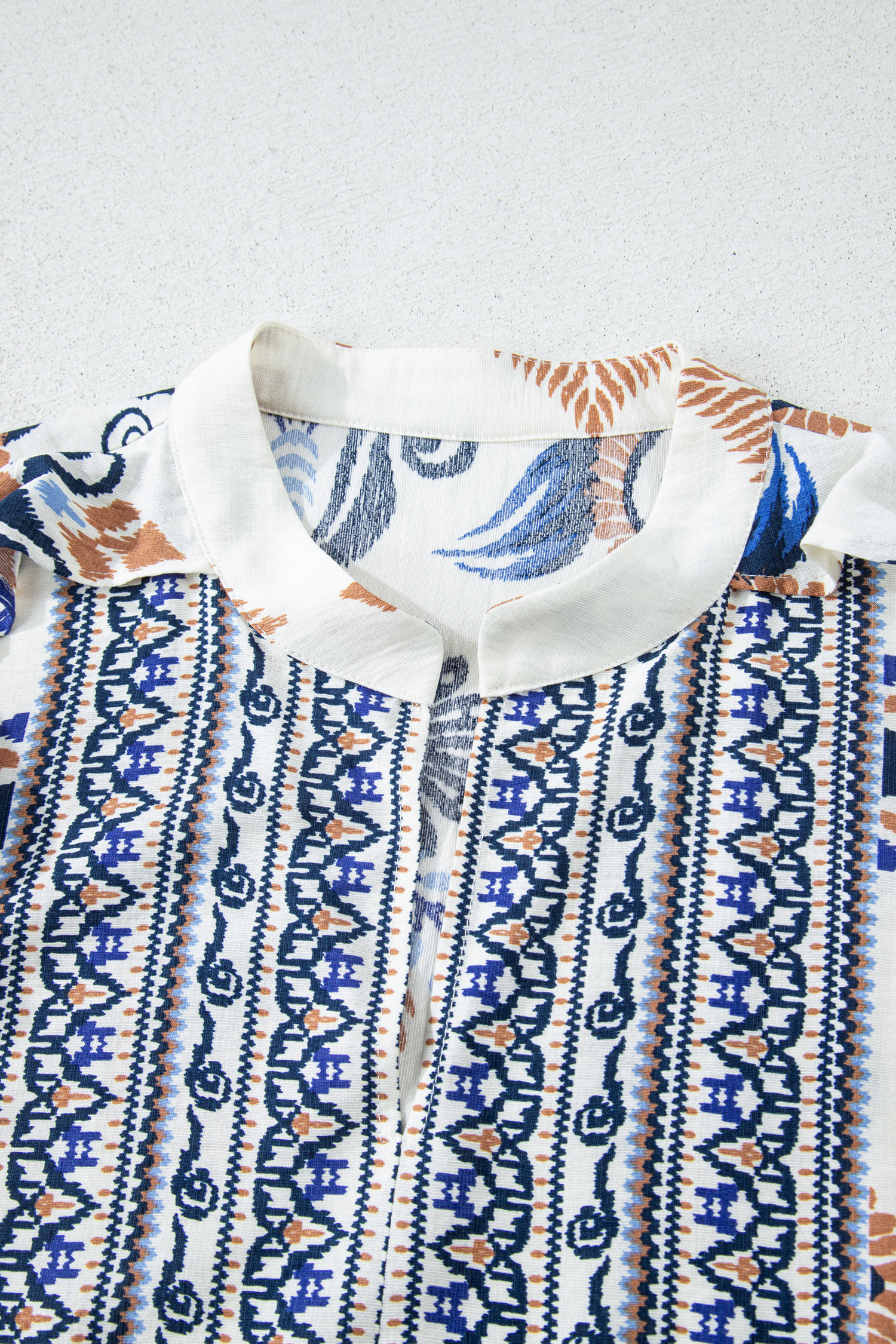 Plus Size Sky Blue  Boho Print Split Neck Long Sleeve Mini Dress