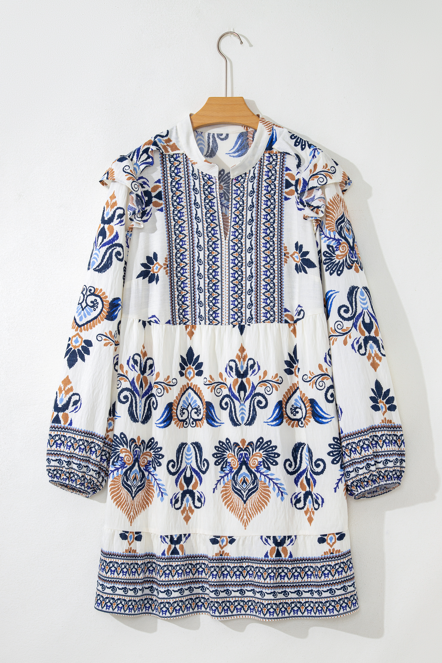 Plus Size Sky Blue  Boho Print Split Neck Long Sleeve Mini Dress