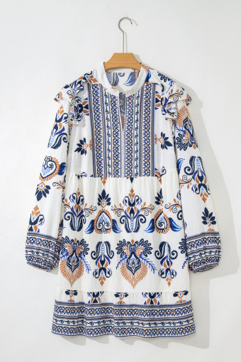 Plus Size Sky Blue  Boho Print Split Neck Long Sleeve Mini Dress