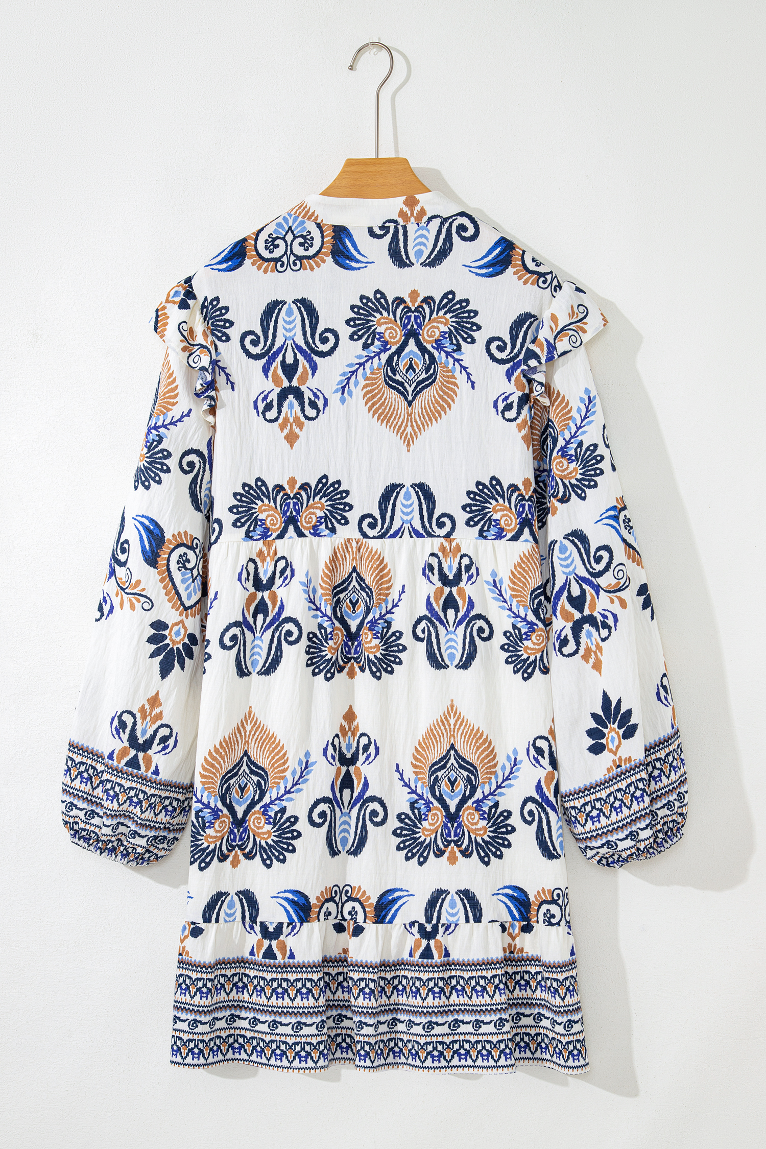 Plus Size Sky Blue  Boho Print Split Neck Long Sleeve Mini Dress