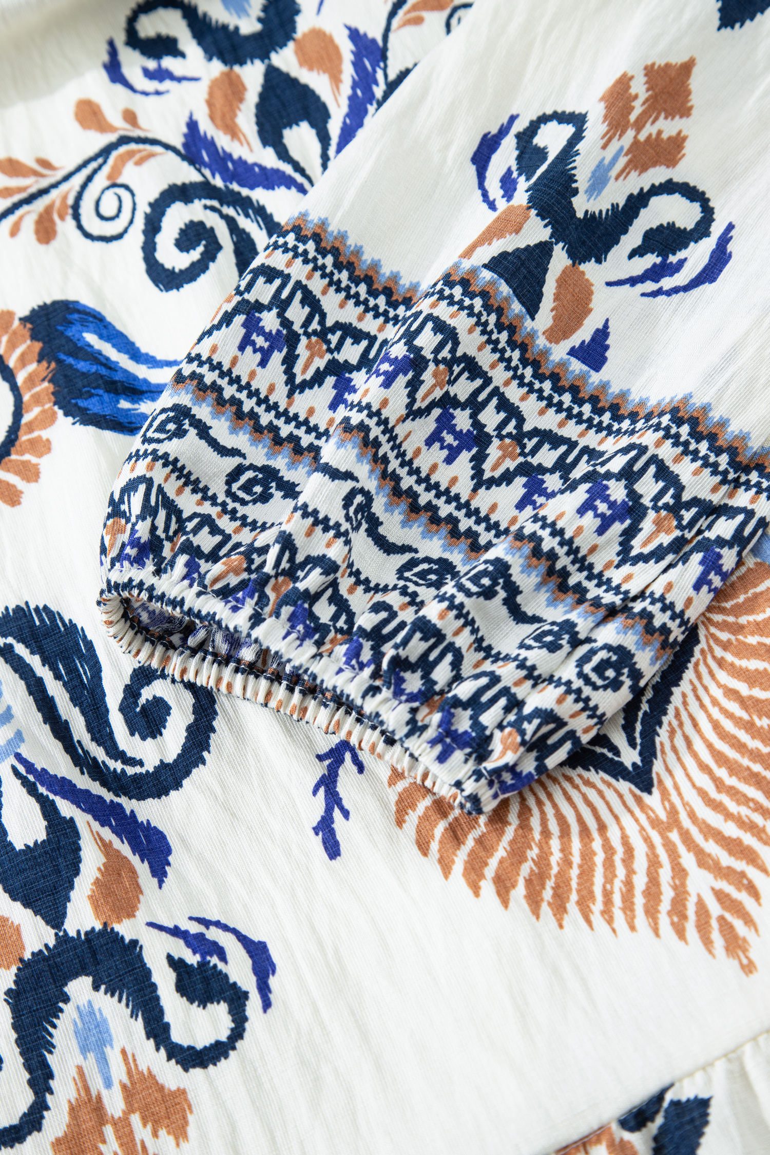 Plus Size Sky Blue  Boho Print Split Neck Long Sleeve Mini Dress