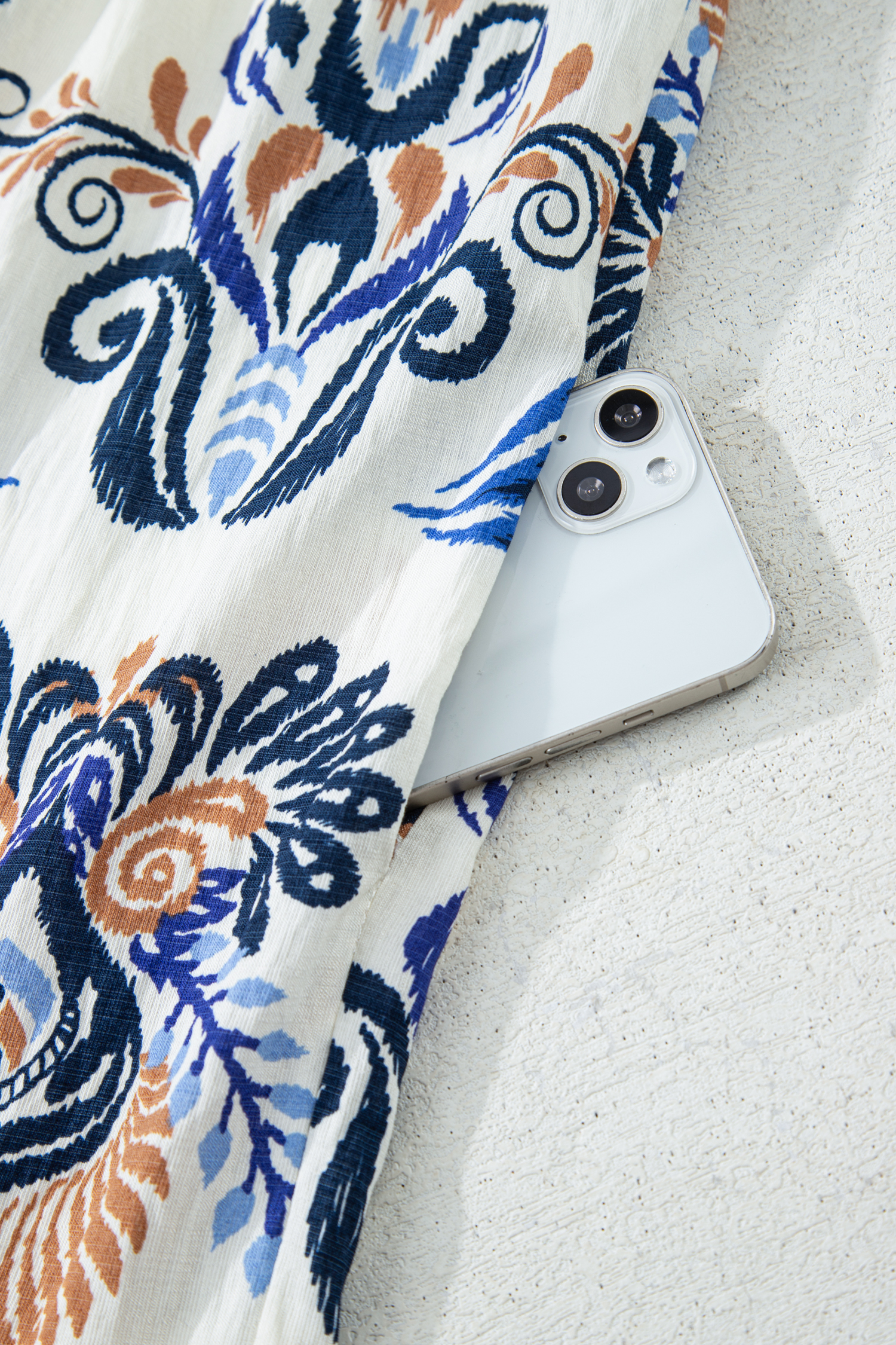 Plus Size Sky Blue  Boho Print Split Neck Long Sleeve Mini Dress