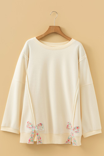 Plus Size Beige  Raw Seam Detail Floral Bow Patched Baggy Pullover
