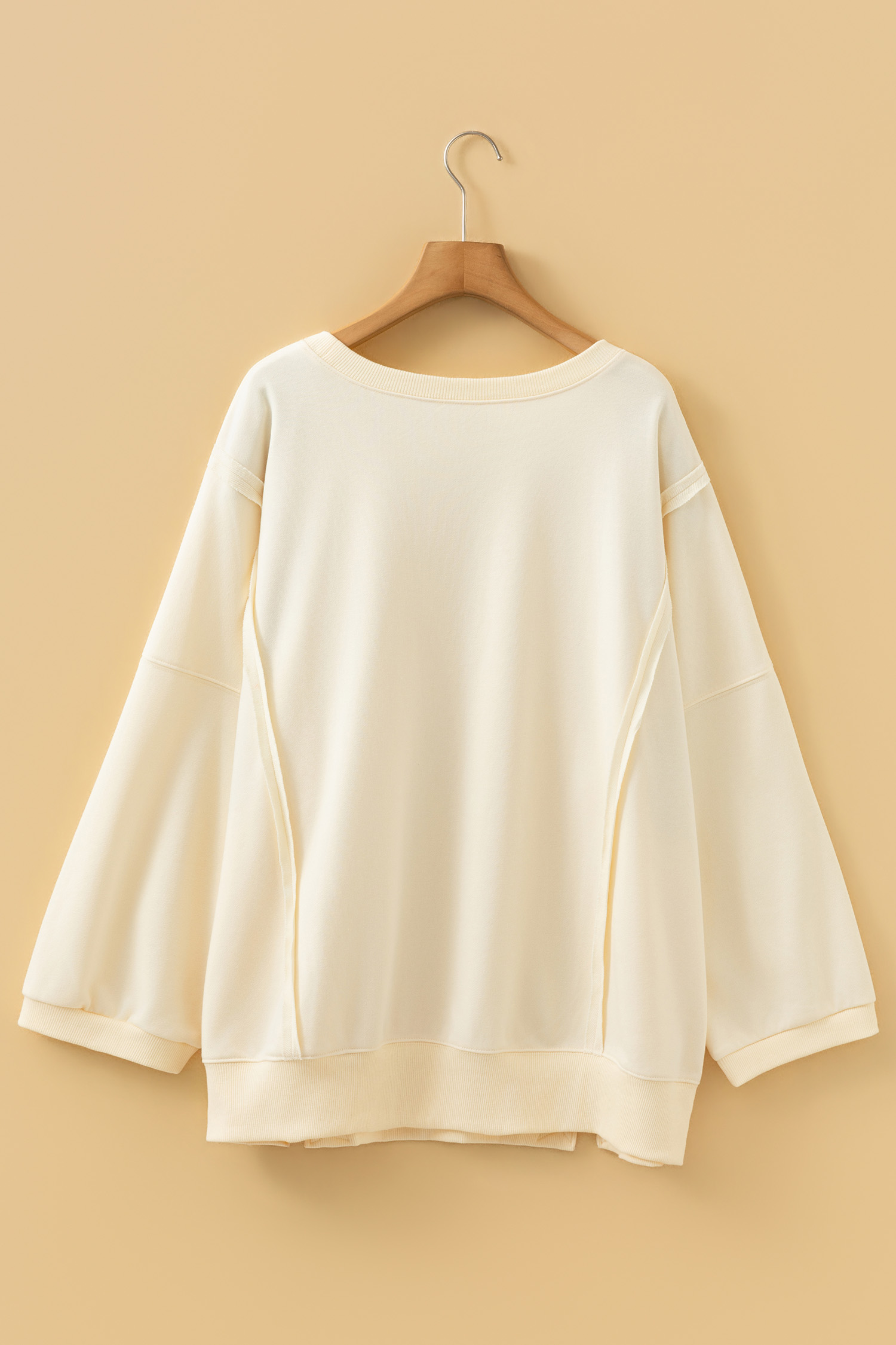 Plus Size Beige  Raw Seam Detail Floral Bow Patched Baggy Pullover