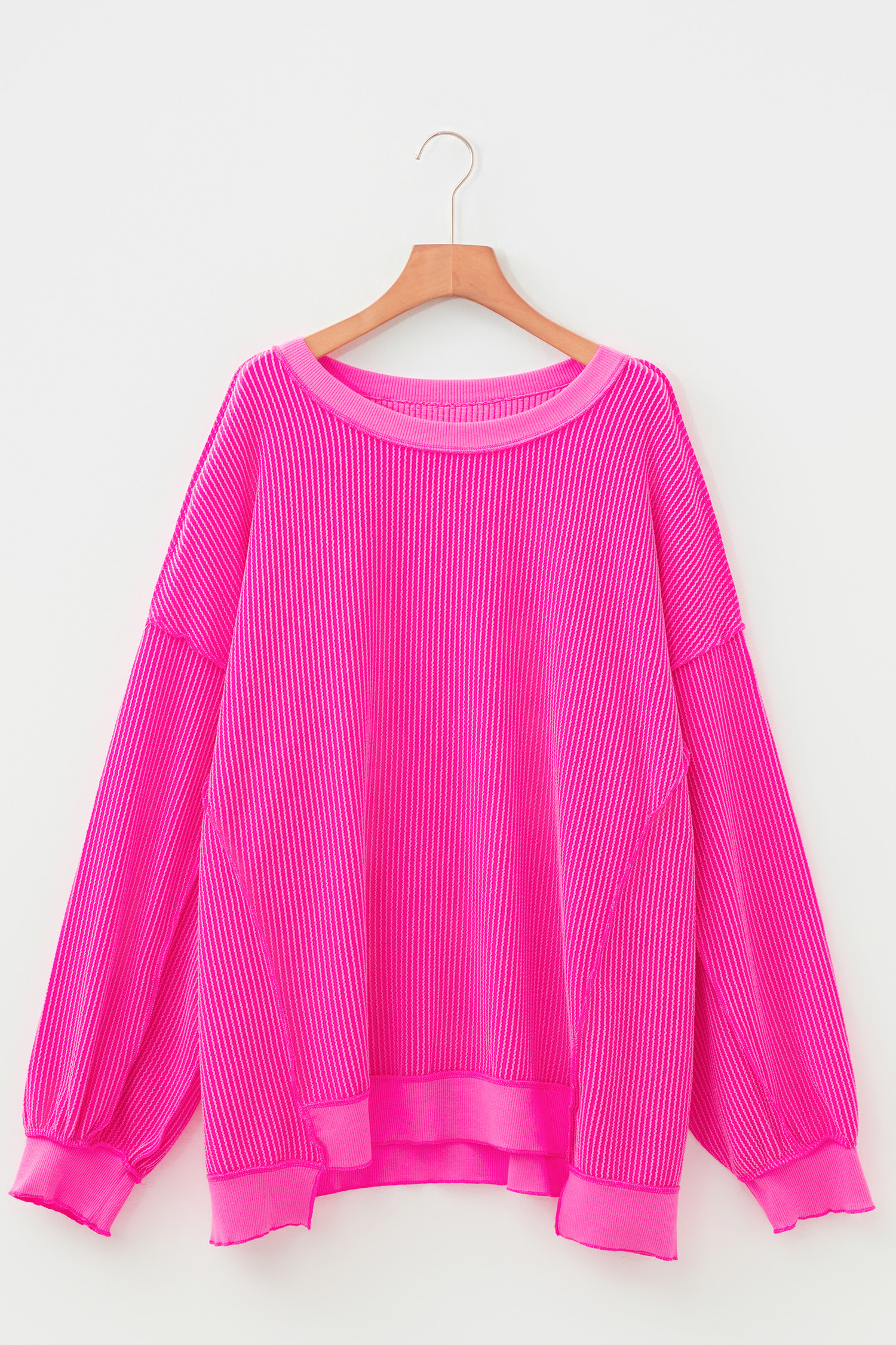 Plus Size Rose Red Drop Shoulder Uneven Hem  Twisted Rib Top