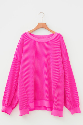 Plus Size Rose Red Drop Shoulder Uneven Hem  Twisted Rib Top