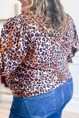 Plus Size Brown  Leopard Frilled Stand Neck Blouse