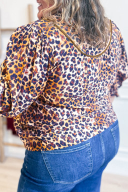 Plus Size Brown  Leopard Frilled Stand Neck Blouse