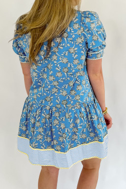 Plus Size Blue  Floral Print Striped Patchwork Detail Button Front Ruffle Hem Dress