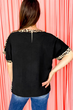 Plus Size Black  Leopard Patchwork Round Neck Loose Tee