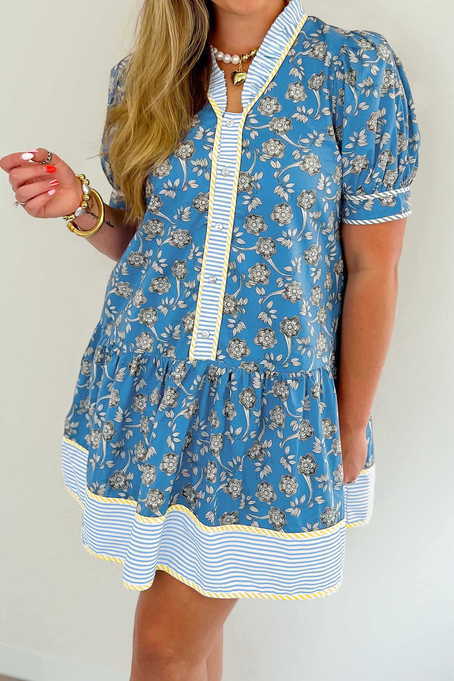 Plus Size Blue  Floral Print Striped Patchwork Detail Button Front Ruffle Hem Dress