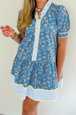Plus Size Blue  Floral Print Striped Patchwork Detail Button Front Ruffle Hem Dress