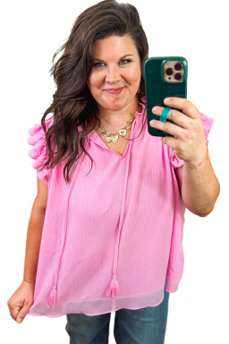 Plus Size Bonbon  Textured Tassel Tie V Neck Ruffle Short Sleeve Blouse