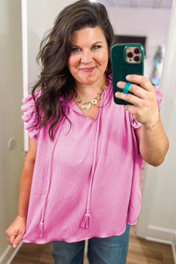 Plus Size Bonbon  Textured Tassel Tie V Neck Ruffle Short Sleeve Blouse