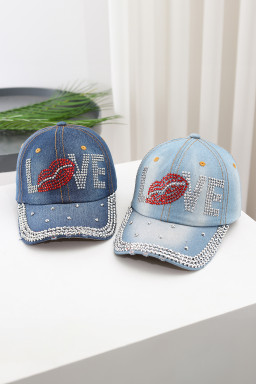 Ashleigh Blue Rhinestone Embellished LOVE Lip Denim Baseball Cap