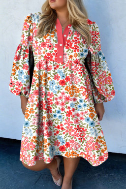 Plus Size Pink  Button V Neck Leopard Print Puff Sleeve Loose Mini Dress