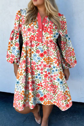 Plus Size Pink  Button V Neck Leopard Print Puff Sleeve Loose Mini Dress