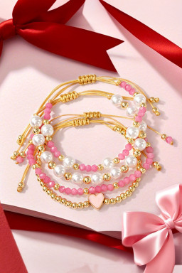 Pink Polyhedral Pearl Golden Beads Adjustable String 4pcs Bracelet Set