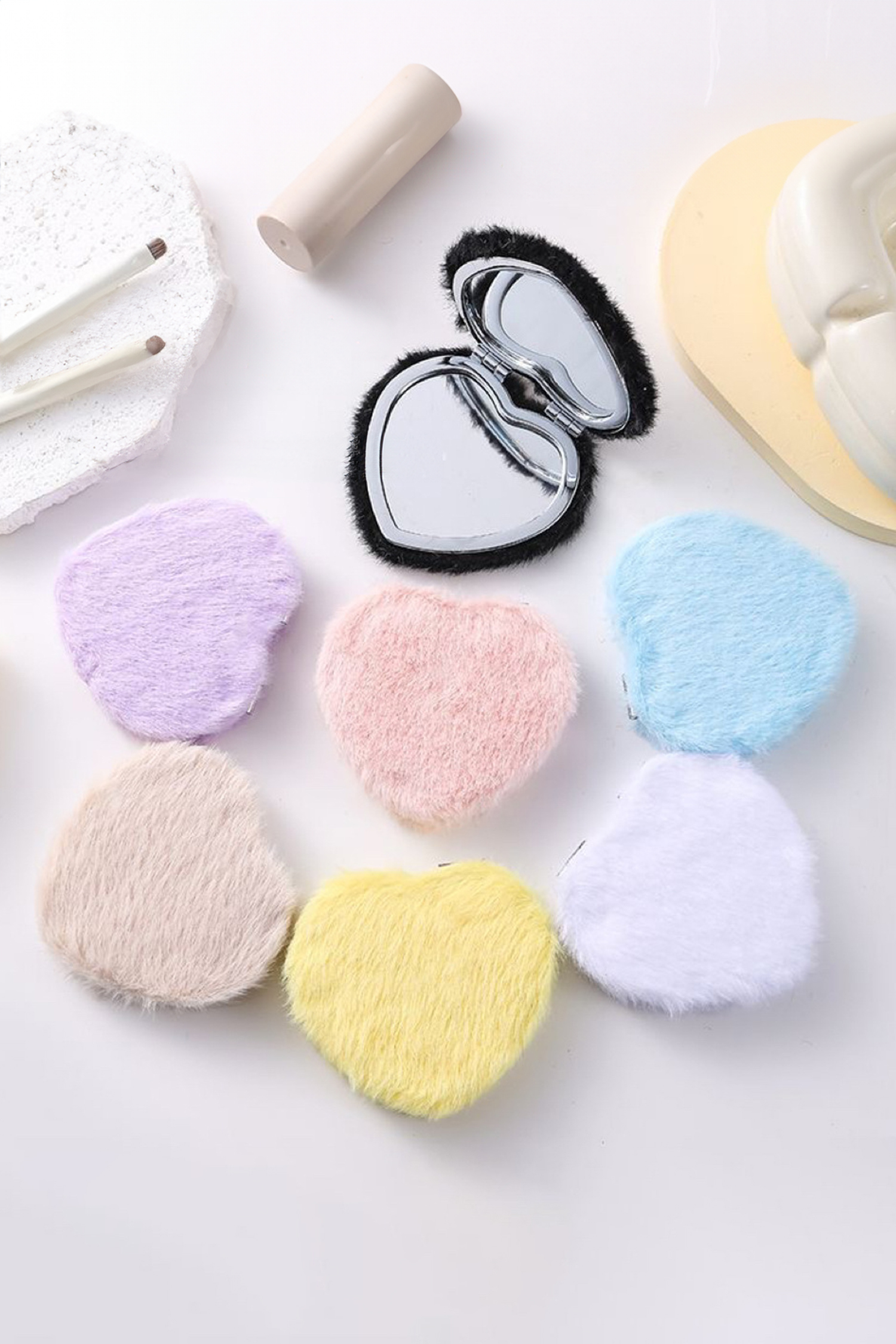 Orchid Petal Heart Shape Double Sides Fluffy Cute Mini Cosmetic Mirror